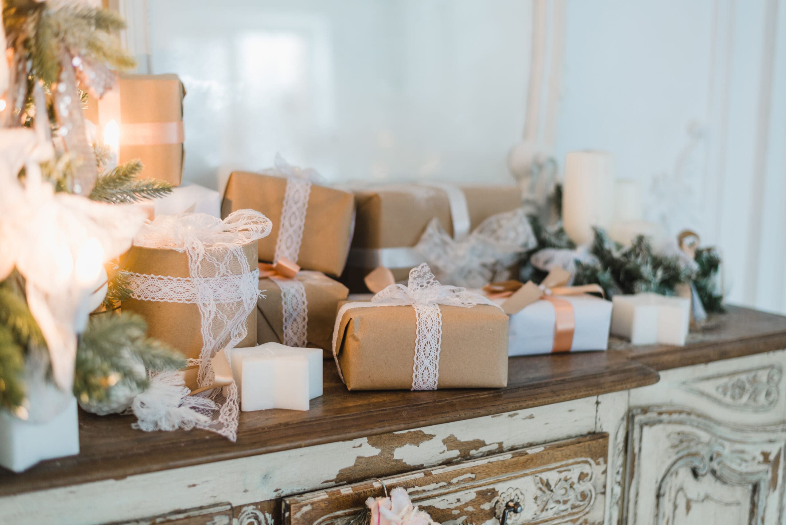 Classy Christmas hand made gifts box presents with brown bows